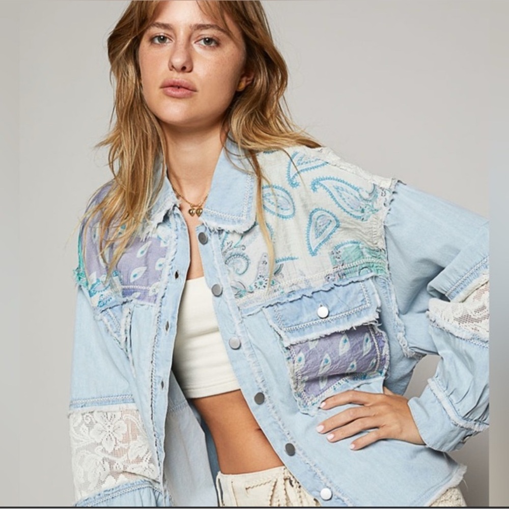 POL Patchwork Lace Denim Jacket Oversized Boho Paisley Shacket 100% Cotton